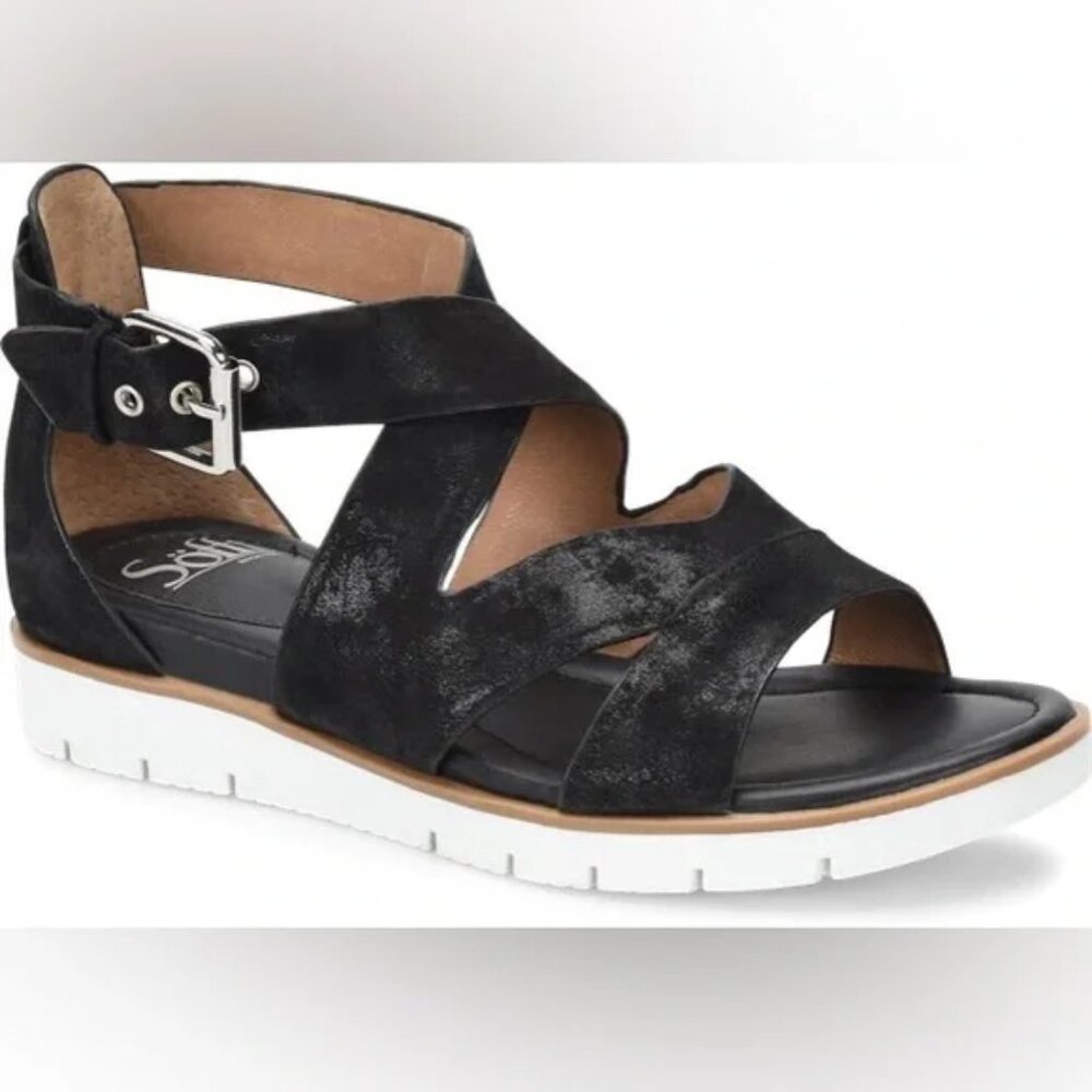 Sofft Mirabelle Shimmer Black Suede Buckle Sandals 7.5 NEW